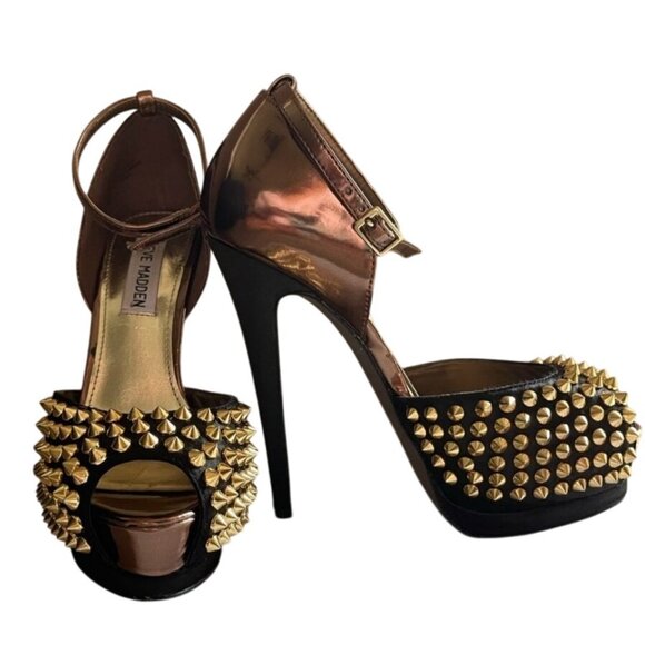 Steve Madden Obstcl-S Black Bronze Studded Peep Toe Heels Gold Spikes Womens 7M - Picture 7 of 8